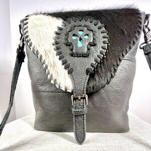 Black Western Genuine Leather Fur Crossbody Bag with Turquoise Medallion